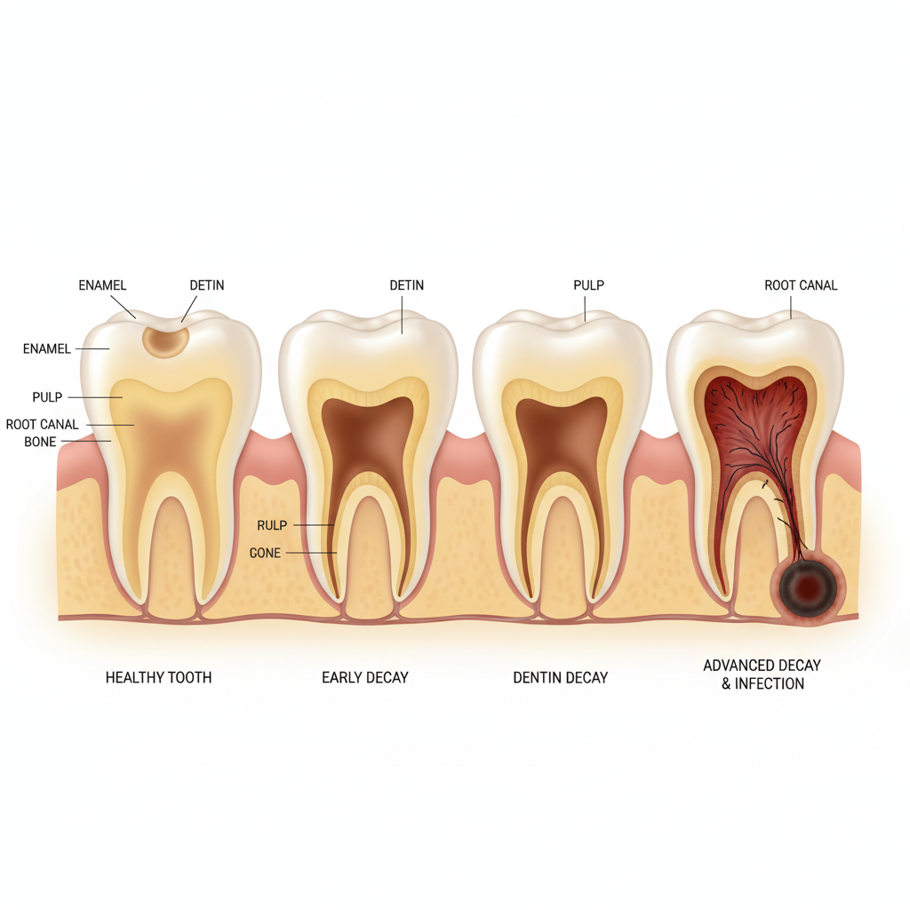 Diagram showing how dental caries progresses from enamel decay to pulp infection and abscess